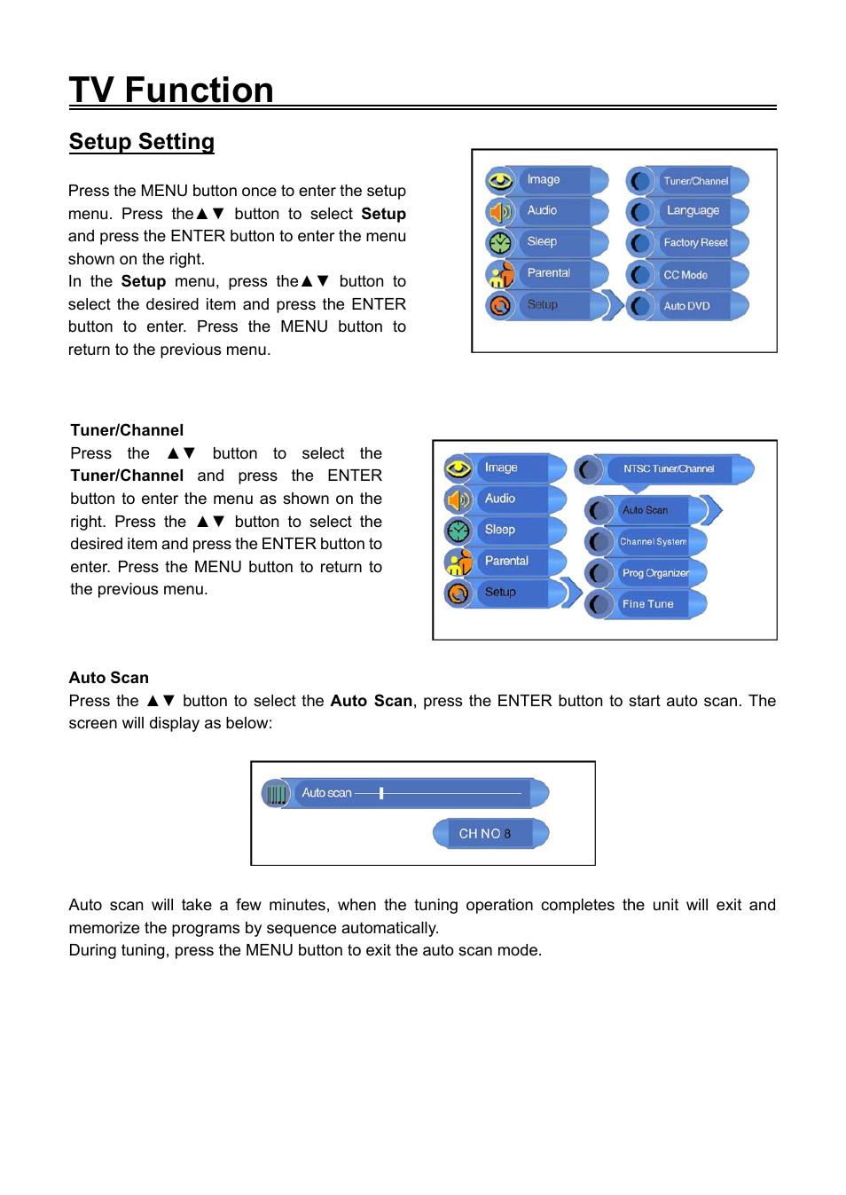 Tv function, Setup setting | Audiovox FPE1906DV User Manual | Page 25 / 44