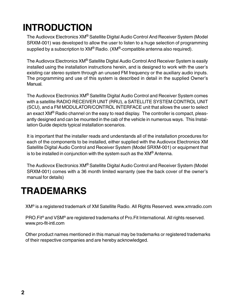 Introduction, Trademarks | Audiovox XM-RCV User Manual | Page 2 / 12