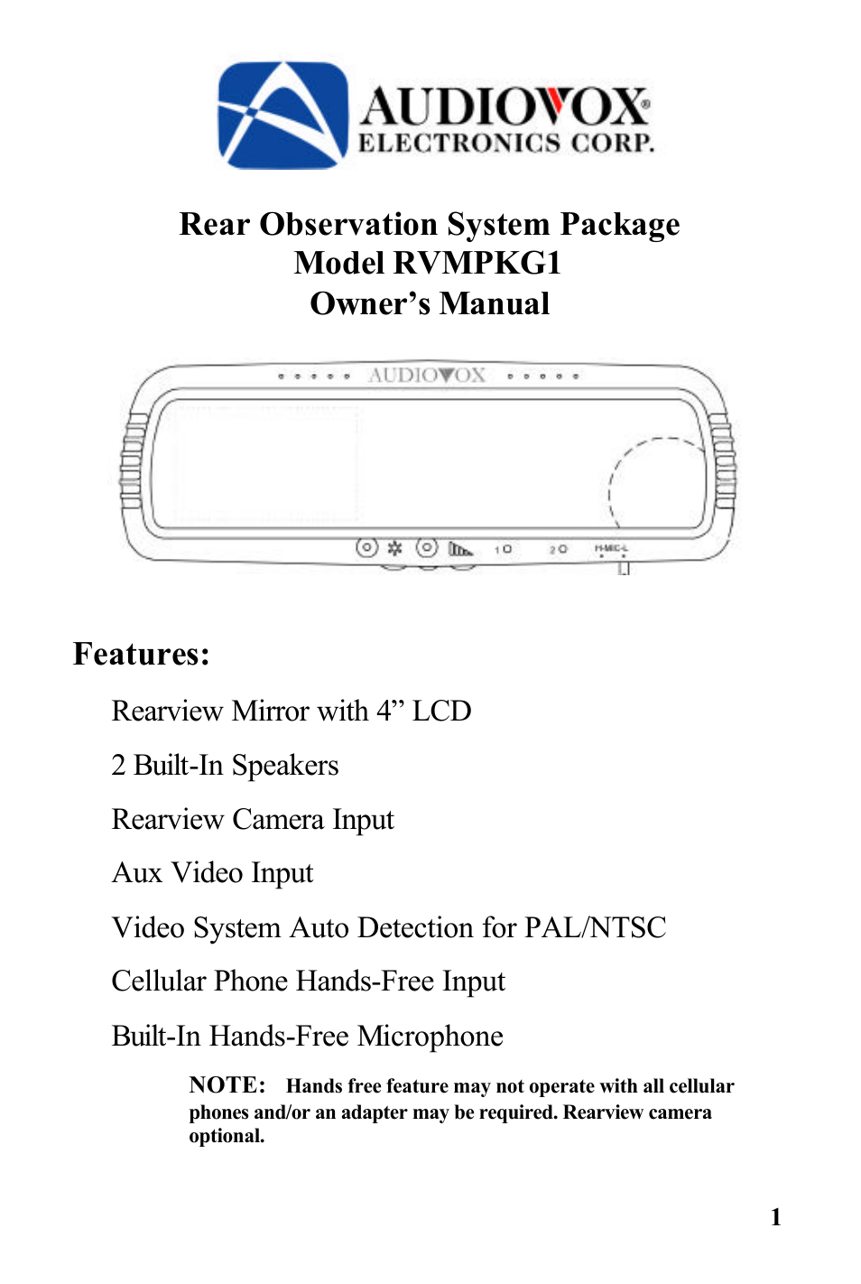 Audiovox RVMPKG1 User Manual | 7 pages