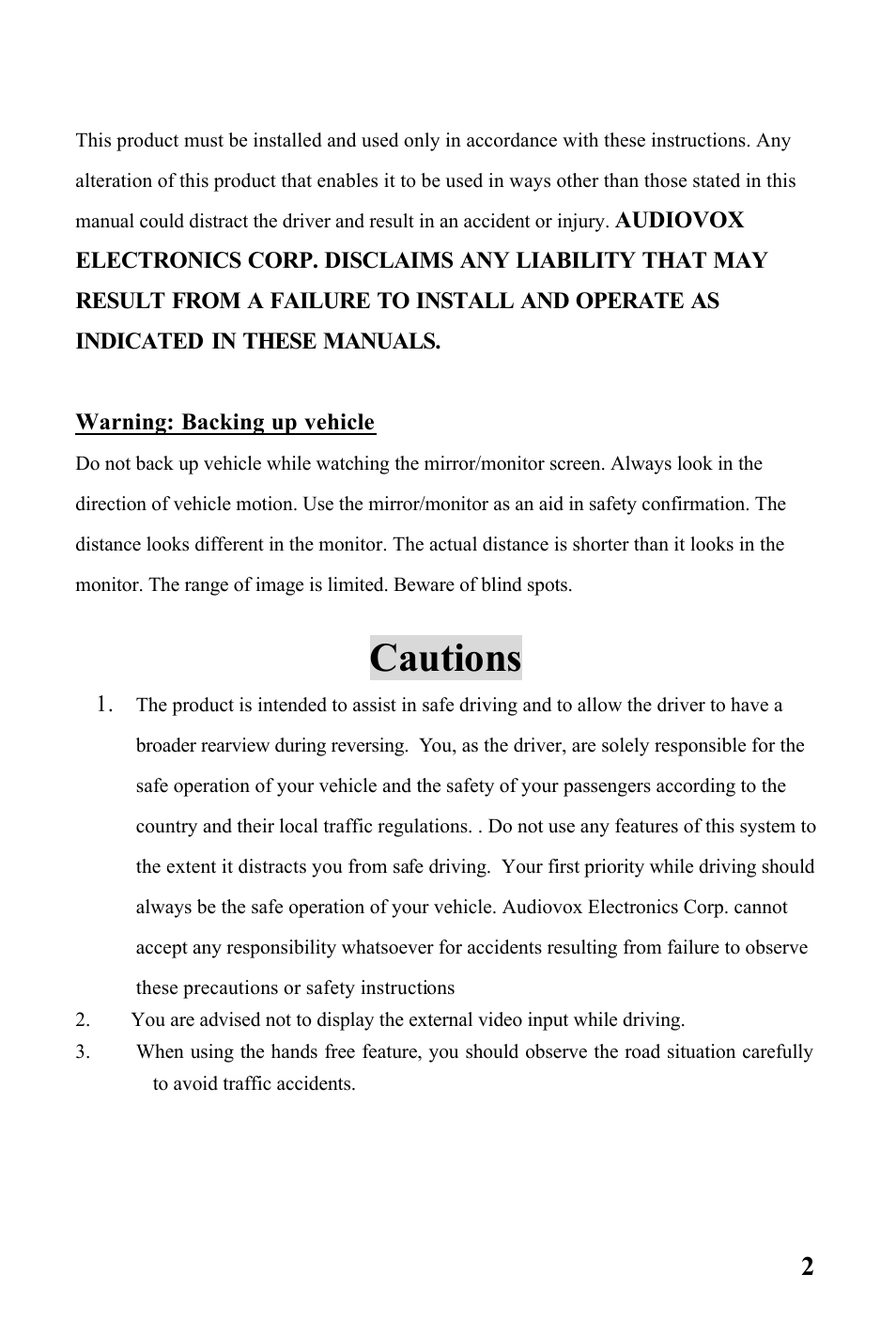 Cautions | Audiovox RVMPKG1 User Manual | Page 2 / 7