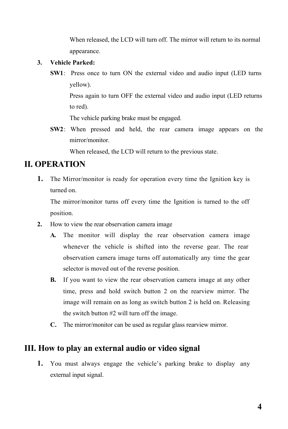 Ii. operation, Iii. how to play an external audio or video signal | Audiovox RVMPKG1 User Manual | Page 4 / 7