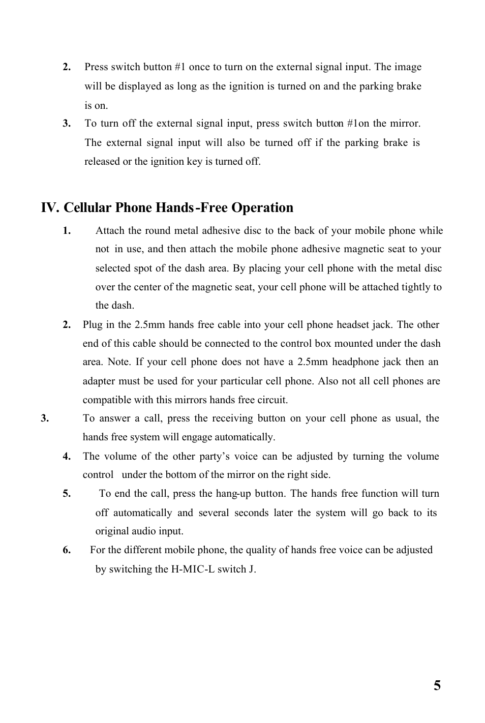 Iv. cellular phone hands-free operation | Audiovox RVMPKG1 User Manual | Page 5 / 7