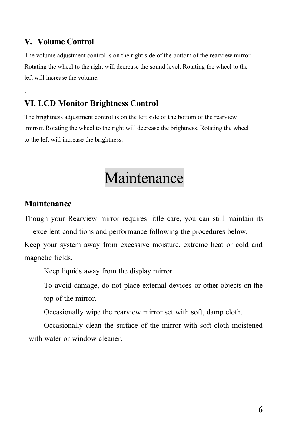 Maintenance | Audiovox RVMPKG1 User Manual | Page 6 / 7