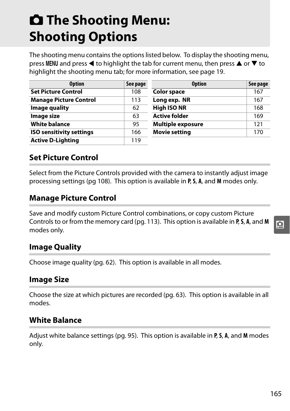 The shooting menu: shooting options, Set picture control, Manage picture control | Image quality, Image size, White balance, C the shooting menu: shooting options | Nikon D90 User Manual | Page 185 / 300