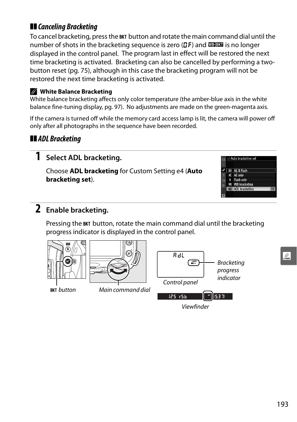 Canceling bracketing, Adl bracketing | Nikon D90 User Manual | Page 213 / 300