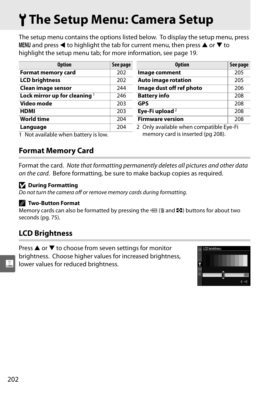 The setup menu: camera setup, Format memory card, Lcd brightness | B the setup menu: camera setup | Nikon D90 User Manual | Page 222 / 300