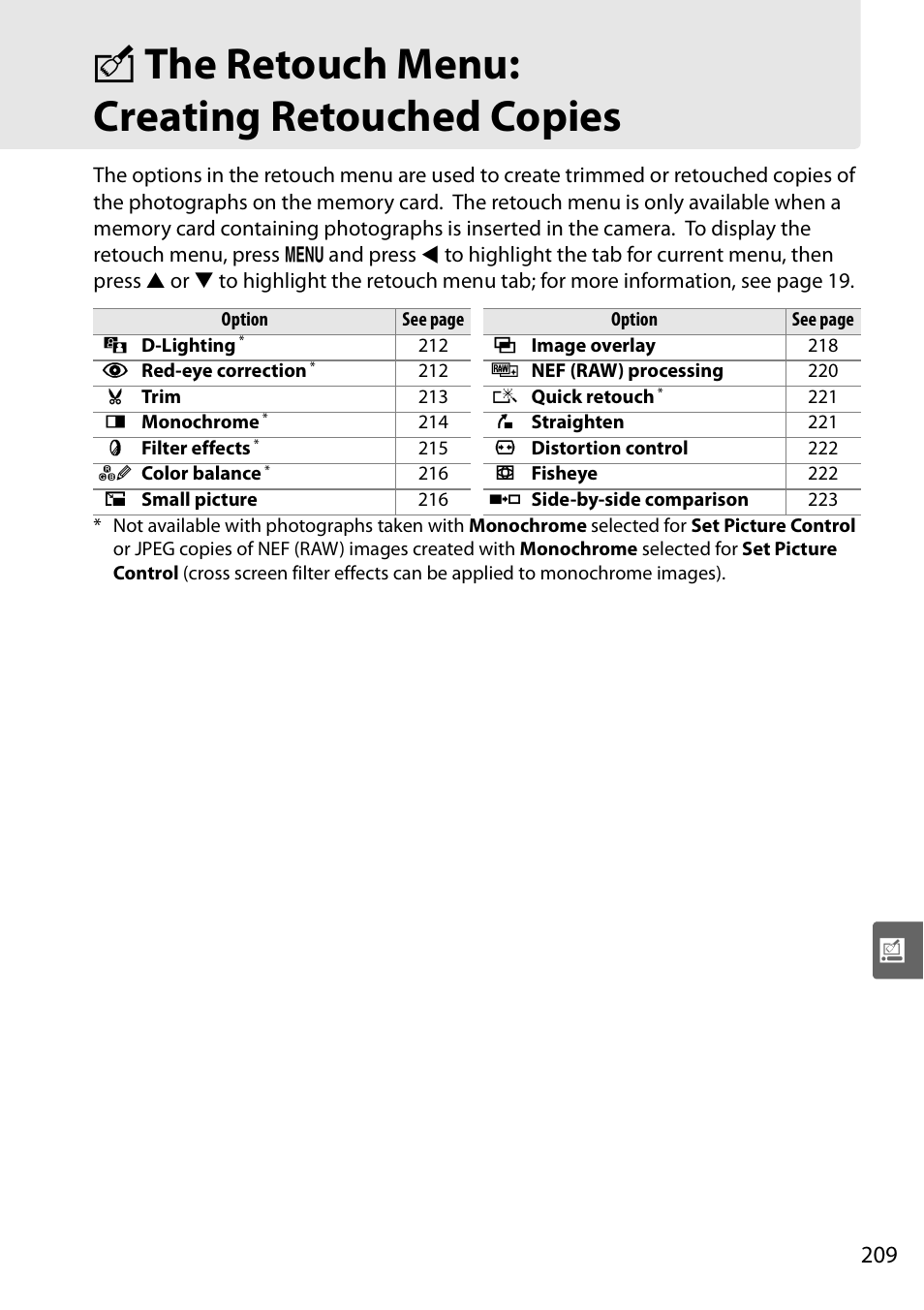 The retouch menu: creating retouched copies, N the retouch menu: creating retouched copies | Nikon D90 User Manual | Page 229 / 300