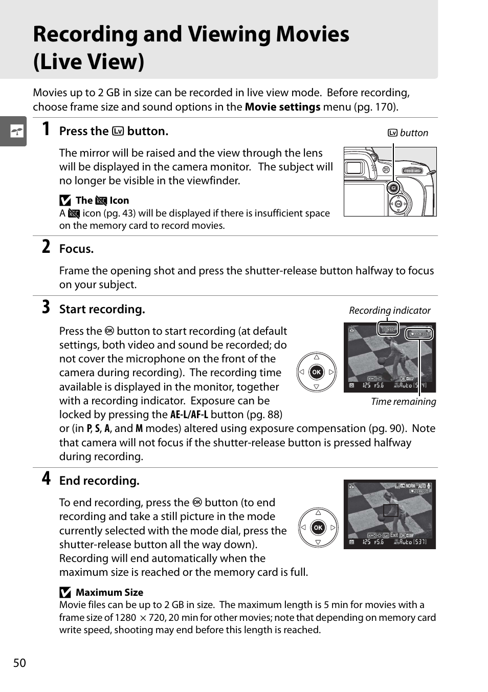 Recording and viewing movies (live view) | Nikon D90 User Manual | Page 70 / 300