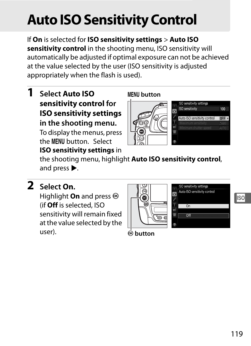 Auto iso sensitivity control | Nikon D4S User Manual | Page 141 / 500