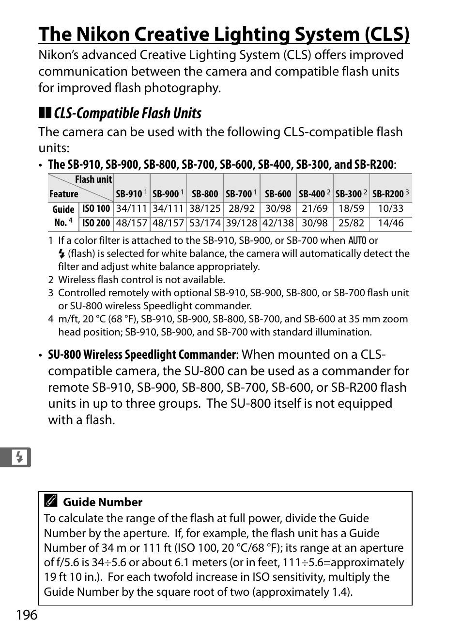 The nikon creative lighting system (cls), Cls-compatible flash units | Nikon D4S User Manual | Page 218 / 500
