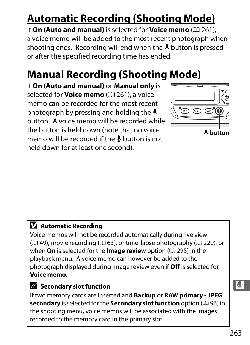 Automatic recording (shooting mode), Manual recording (shooting mode) | Nikon D4S User Manual | Page 285 / 500