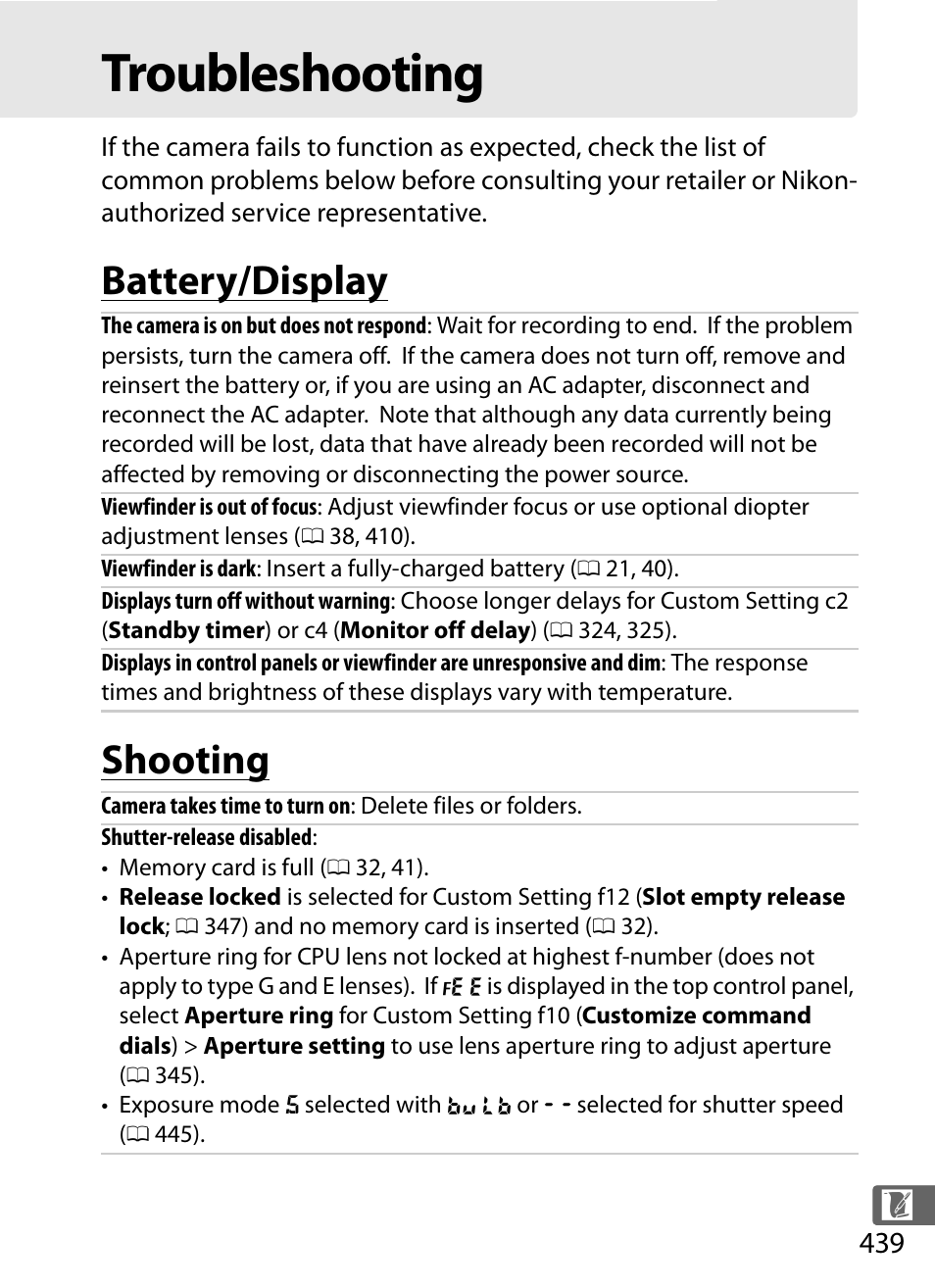 Troubleshooting, Battery/display, Shooting | Battery/display shooting | Nikon D4S User Manual | Page 461 / 500
