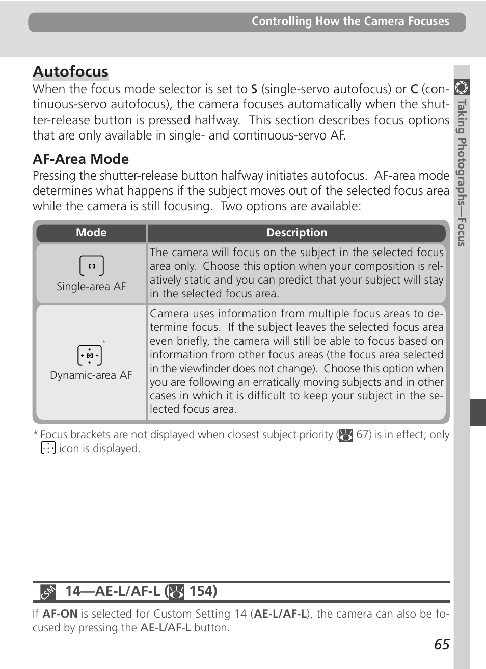 Autofocus, Af-area mode | Nikon D100 User Manual | Page 77 / 212