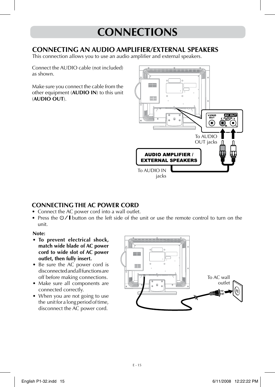 Connections, Connecting an audio amplifier/external speakers | Audiovox FPE-1908DV User Manual | Page 15 / 32