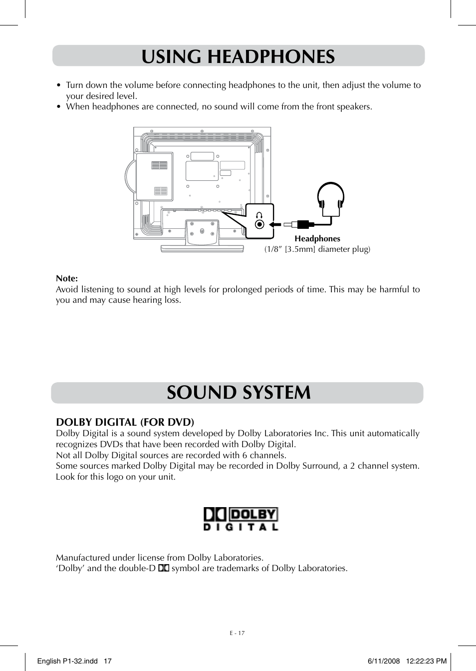 Using headphones, Sound system | Audiovox FPE-1908DV User Manual | Page 17 / 32