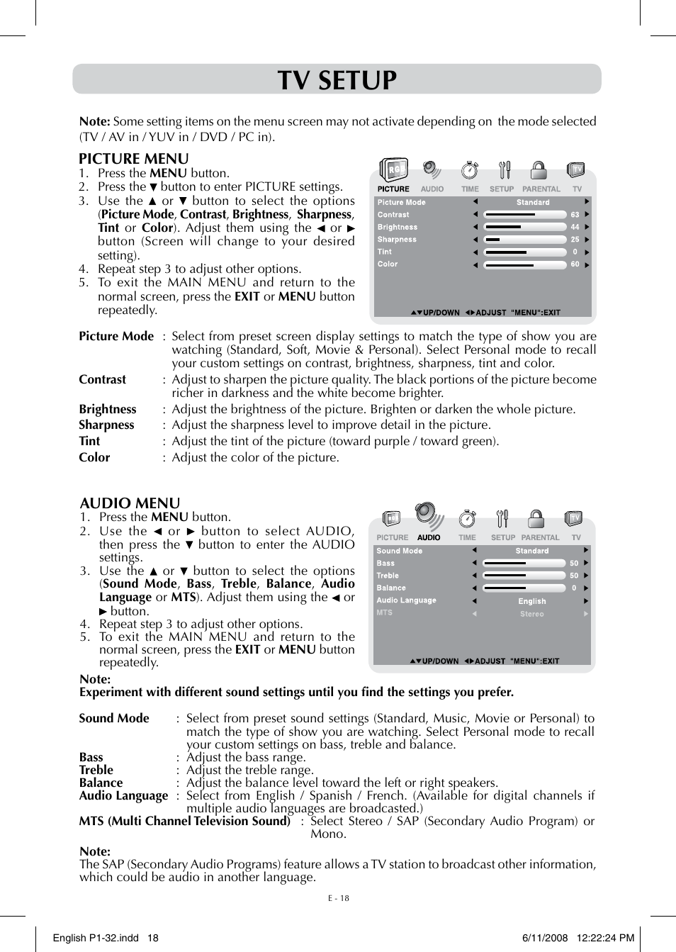 Tv setup | Audiovox FPE-1908DV User Manual | Page 18 / 32