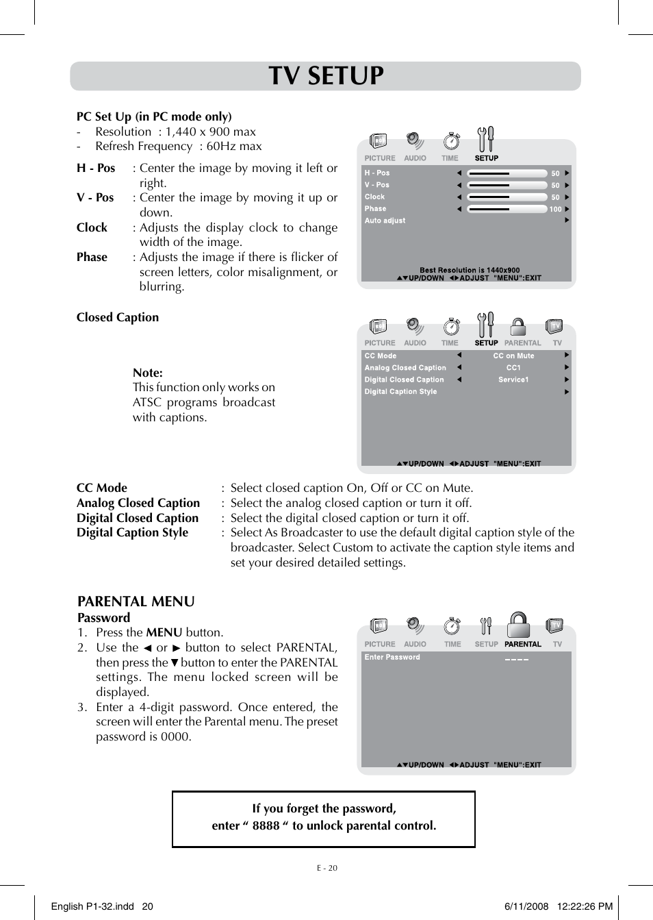 Tv setup | Audiovox FPE-1908DV User Manual | Page 20 / 32