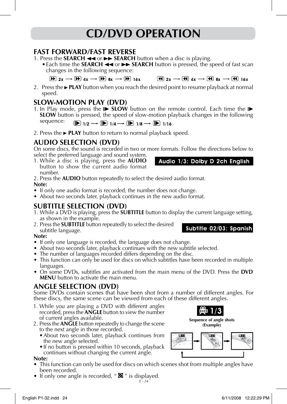 Cd/dvd operation, Slow-motion play (dvd), Fast forward/fast reverse | Audio selection (dvd), Subtitle selection (dvd), Angle selection (dvd) | Audiovox FPE-1908DV User Manual | Page 24 / 32