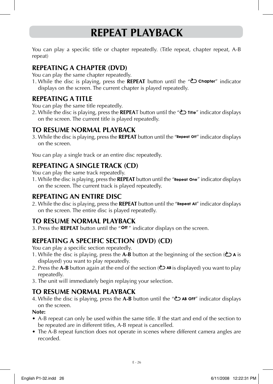 Repeat playback, Repeating a chapter (dvd), Repeating a title | Repeating a single track (cd), Repeating an entire disc | Audiovox FPE-1908DV User Manual | Page 26 / 32