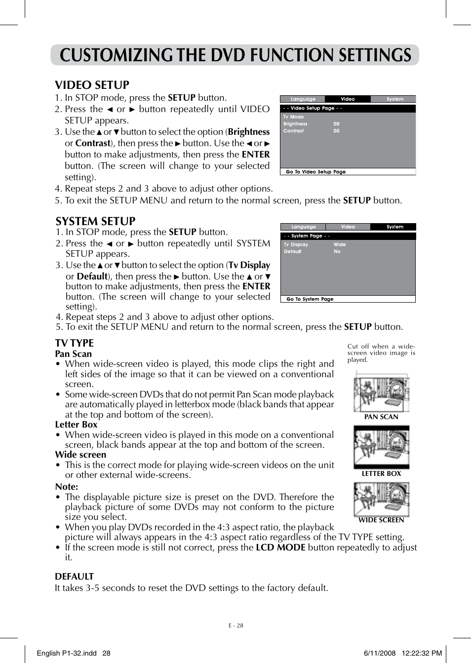 Customizing the dvd function settings, Video setup, System setup | Audiovox FPE-1908DV User Manual | Page 28 / 32
