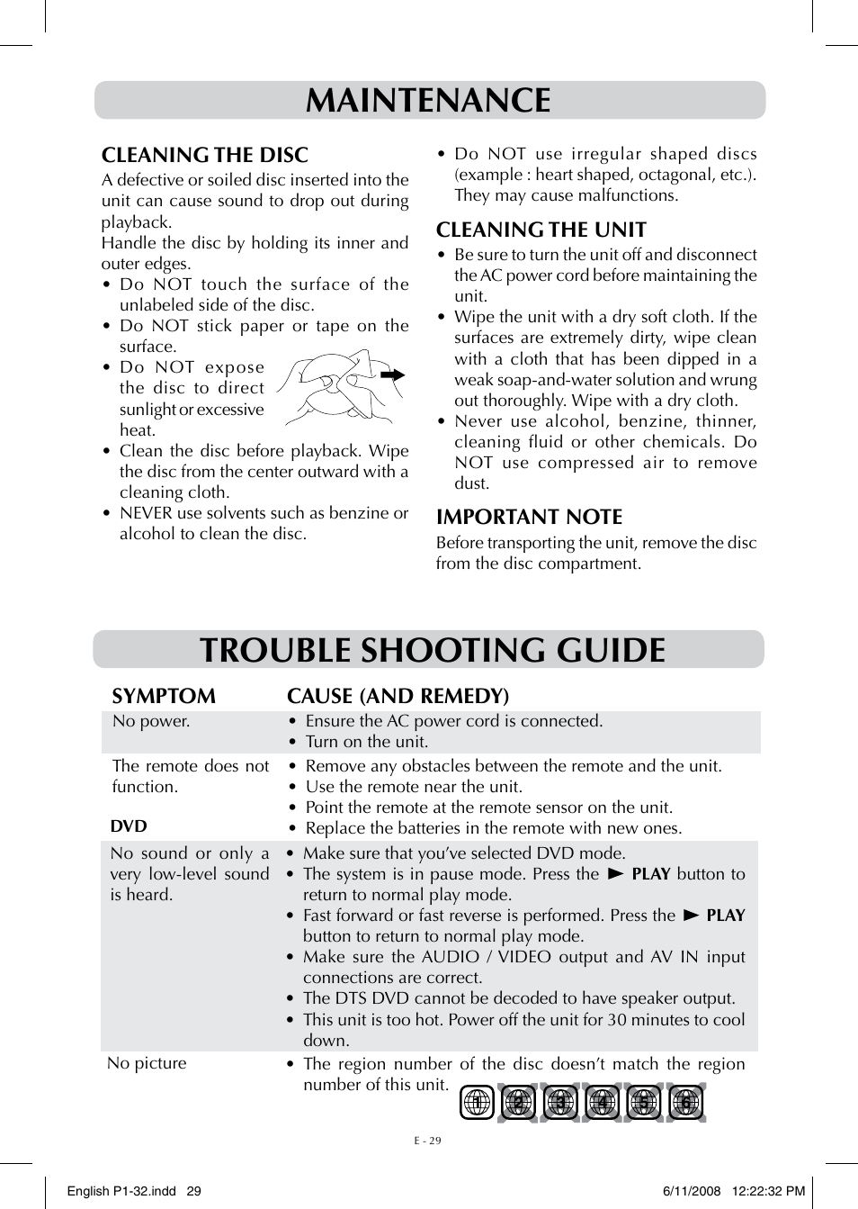 Maintenance, Trouble shooting guide, Cleaning the unit | Cleaning the disc, Symptom cause (and remedy) | Audiovox FPE-1908DV User Manual | Page 29 / 32