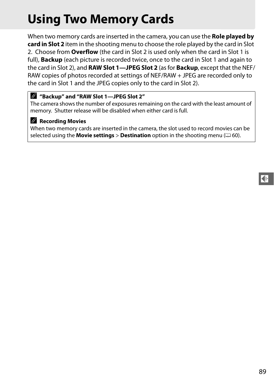 Using two memory cards | Nikon D7000 User Manual | Page 109 / 348