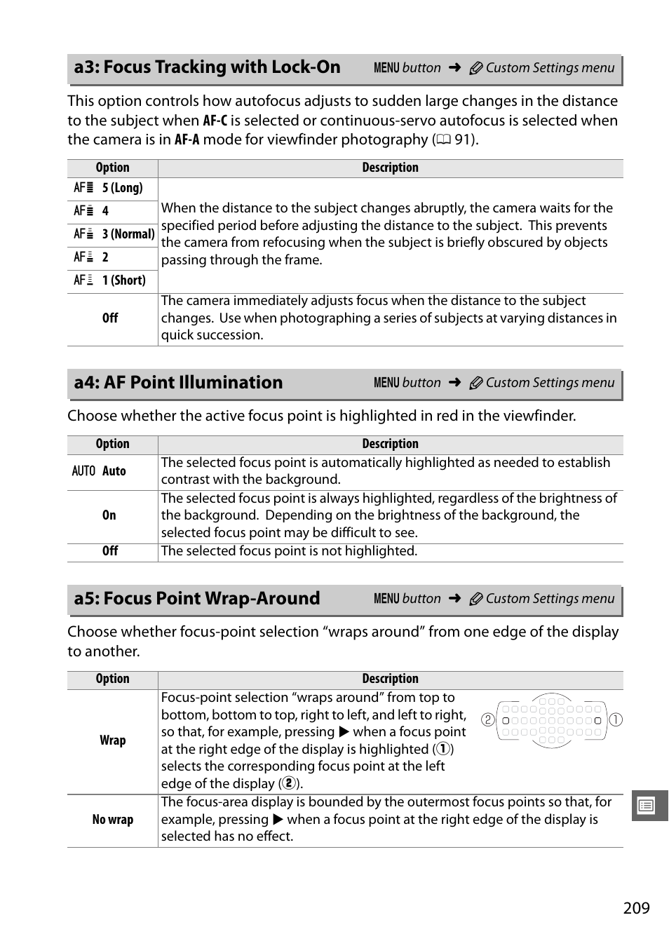 A3: focus tracking with lock-on, A4: af point illumination, A5: focus point wrap-around | Nikon D7000 User Manual | Page 229 / 348