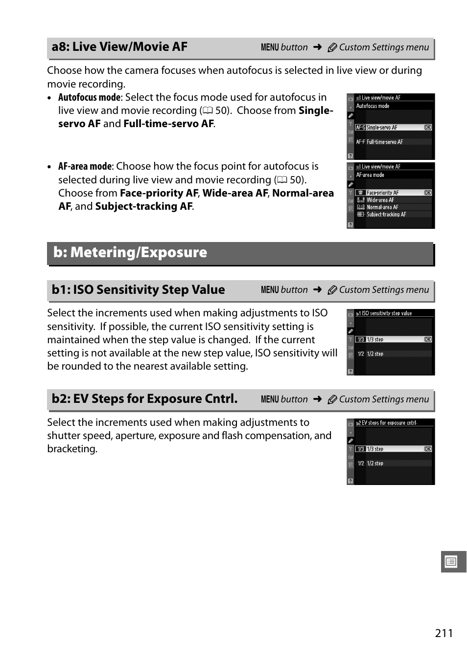 A8: live view/movie af, B: metering/exposure, B1: iso sensitivity step value | B2: ev steps for exposure cntrl | Nikon D7000 User Manual | Page 231 / 348