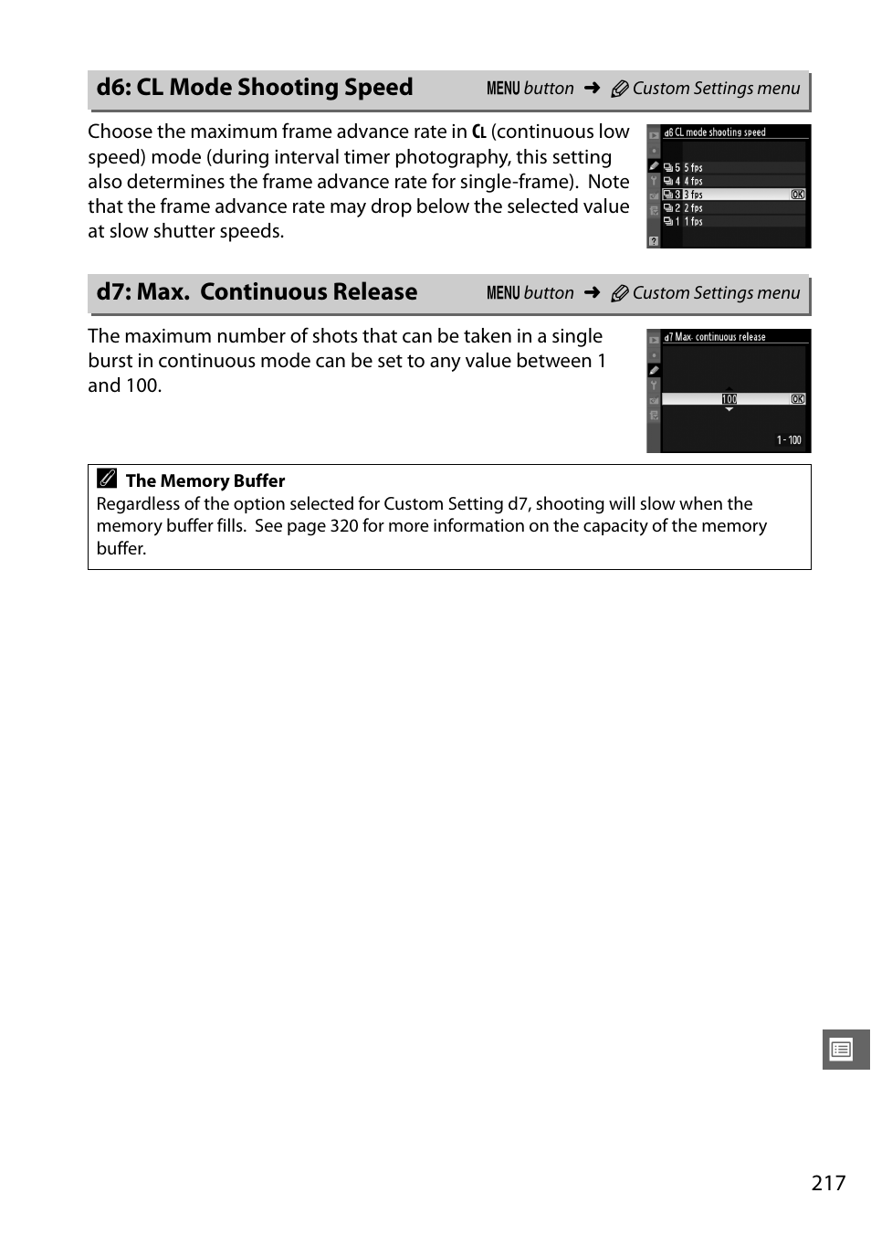 D6: cl mode shooting speed, D7: max. continuous release | Nikon D7000 User Manual | Page 237 / 348