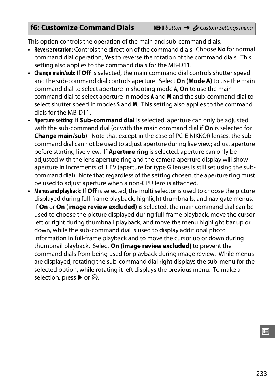 F6: customize command dials | Nikon D7000 User Manual | Page 253 / 348