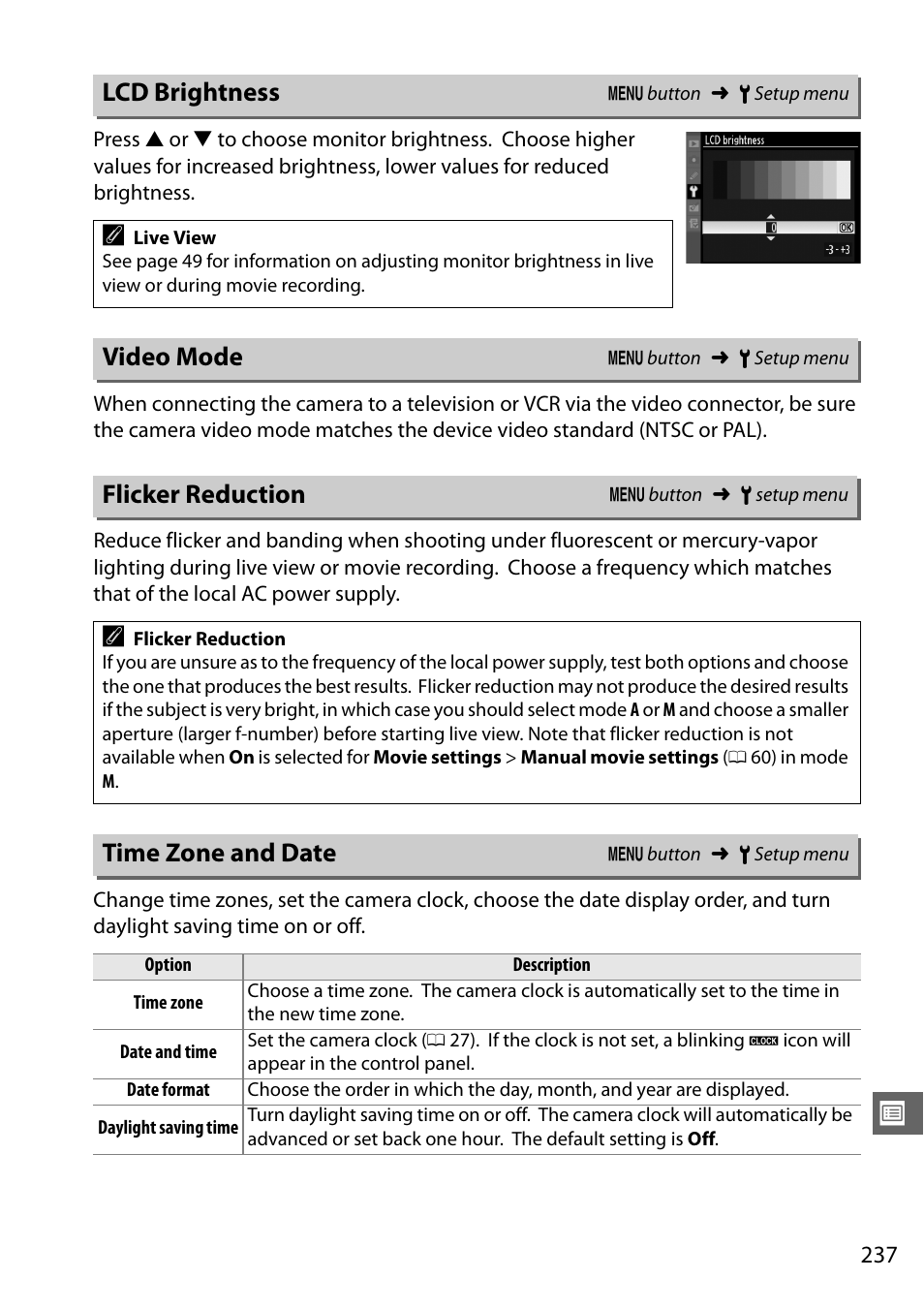 Lcd brightness, Video mode, Flicker reduction | Time zone and date | Nikon D7000 User Manual | Page 257 / 348