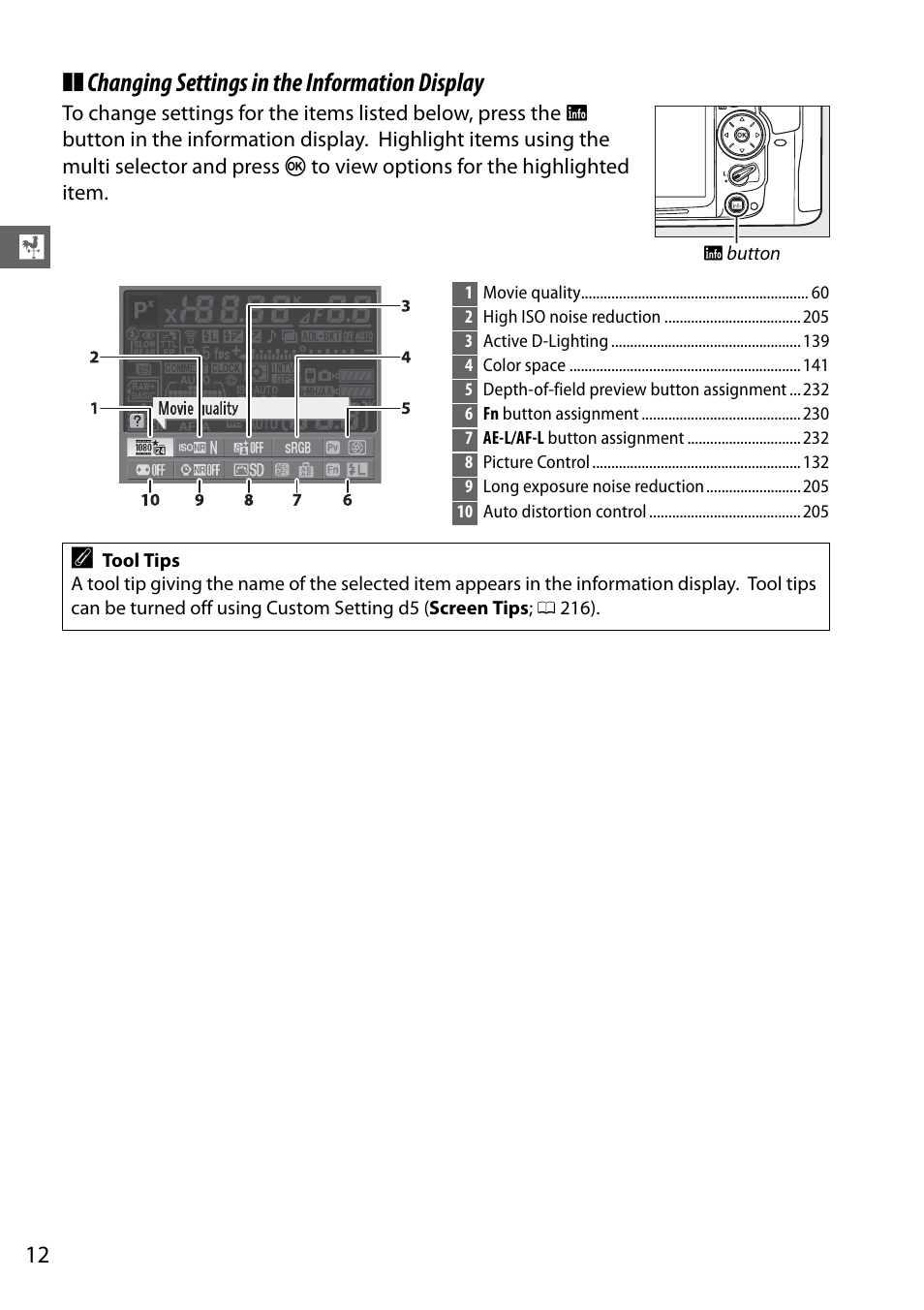 Changing settings in the information display | Nikon D7000 User Manual | Page 32 / 348