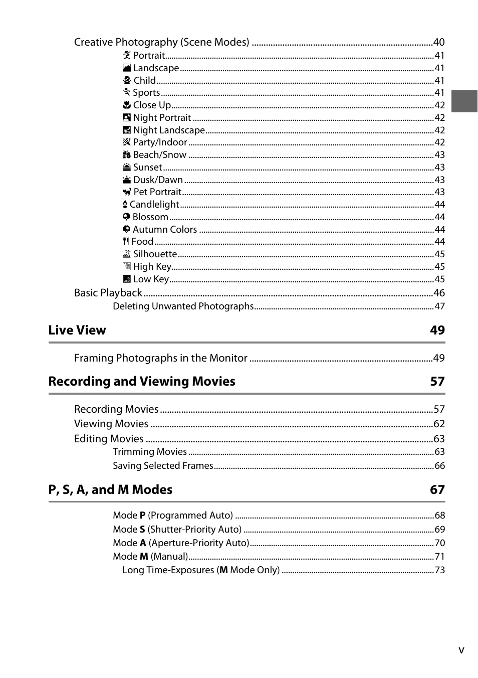 Live view 49, Recording and viewing movies 57, P, s, a, and m modes 67 | Nikon D7000 User Manual | Page 7 / 348