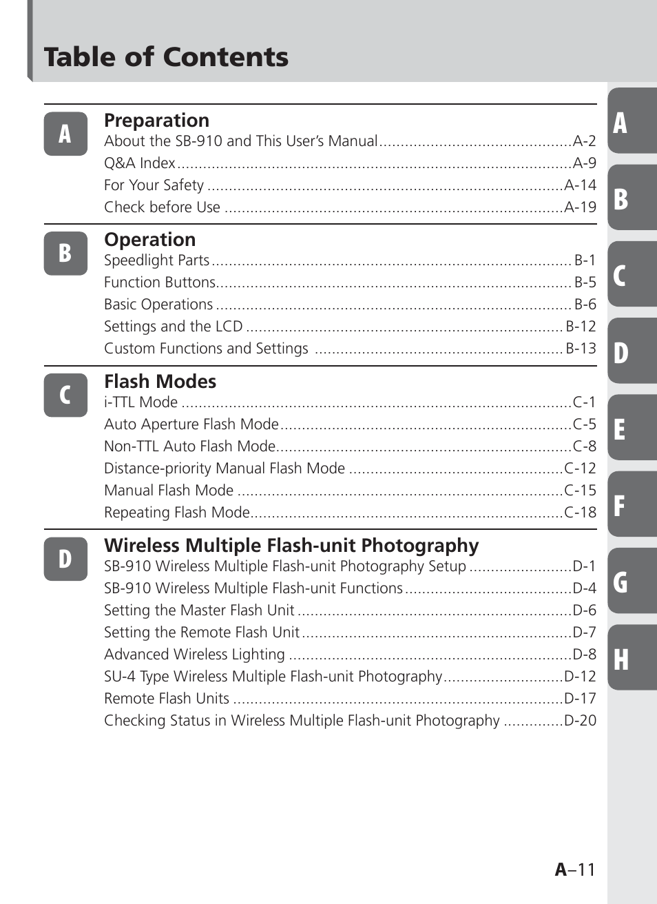 Table of contents a | Nikon SB-910 User Manual | Page 11 / 136