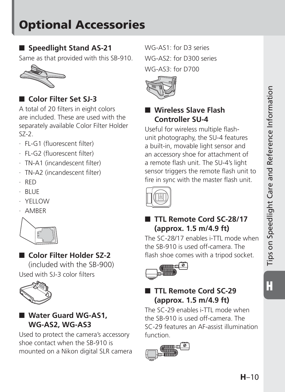 Optional accessories, H –10 | Nikon SB-910 User Manual | Page 121 / 136