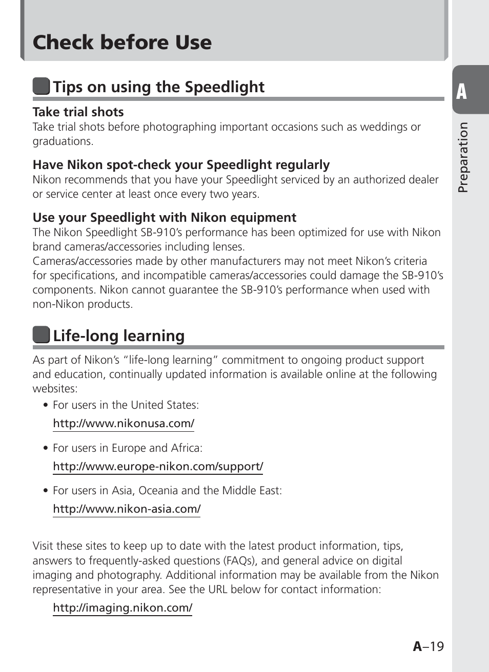 Check before use, Tips on using the speedlight, Life-long learning | Nikon SB-910 User Manual | Page 19 / 136