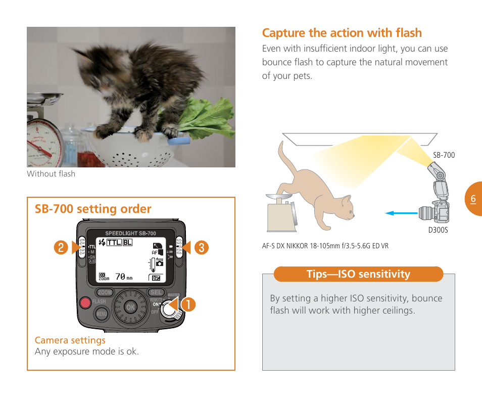 Capture the action with fl ash, Sb-700 setting order | Nikon Speedlight SB-700 User Manual | Page 7 / 24