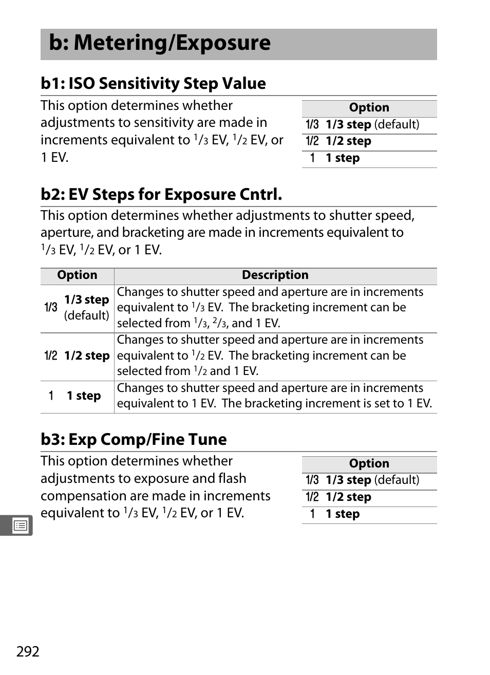 B: metering/exposure, B1: iso sensitivity step value, B2: ev steps for exposure cntrl | B3: exp comp/fine tune | Nikon D700 User Manual | Page 318 / 472