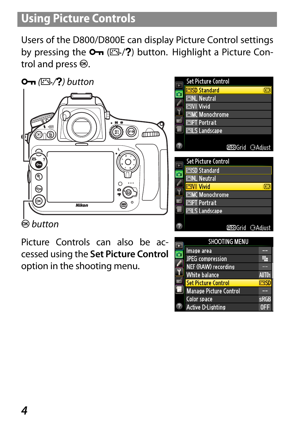 Using picture controls, 4using picture controls | Nikon D800 User Manual | Page 6 / 48