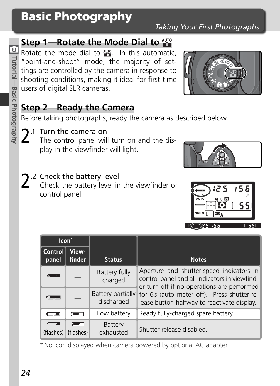 Basic photography, Step 1—rotate the mode dial to, Step 2—ready the camera | Nikon D70 User Manual | Page 34 / 218