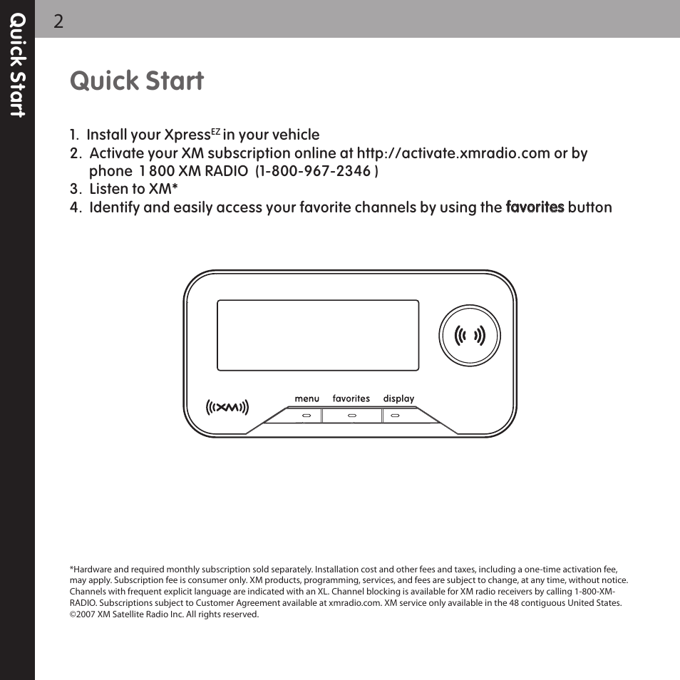 Quick start, Qu ic k s ta rt 2 | Audiovox XPRESSEZ XMCK-5P User Manual | Page 2 / 40