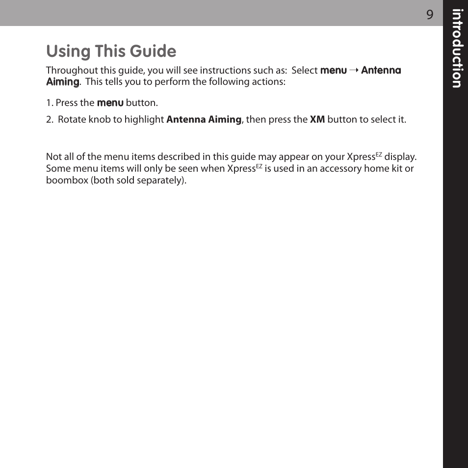 Using this guide | Audiovox XPRESSEZ XMCK-5P User Manual | Page 9 / 40