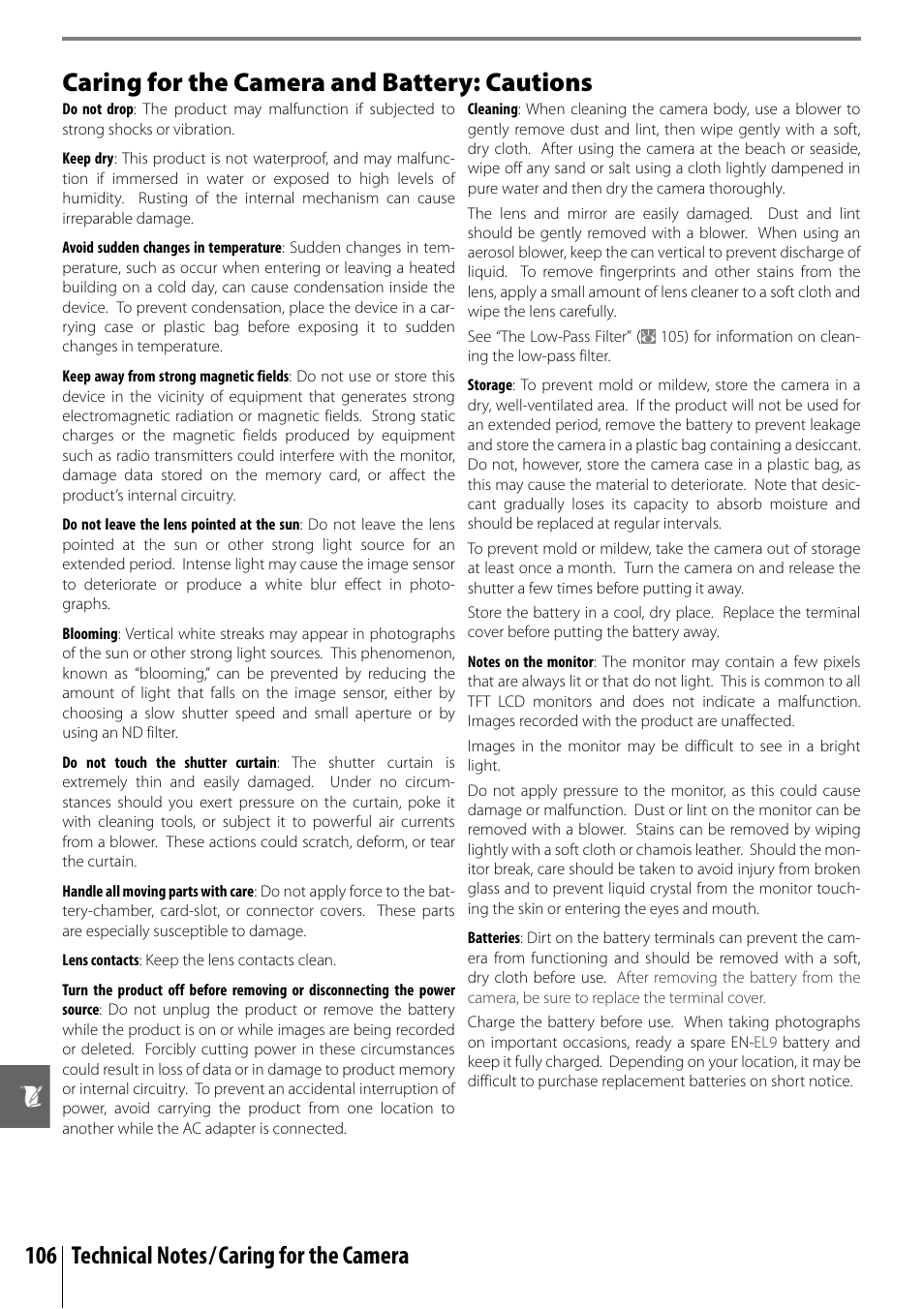 Caring for the camera and battery: cautions | Nikon D40 User Manual | Page 118 / 139