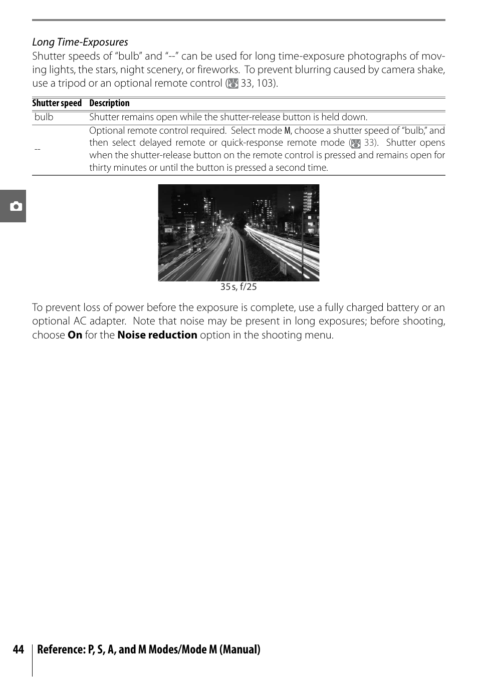 44 reference: p, s, a, and m modes/mode m (manual) | Nikon D40 User Manual | Page 56 / 139