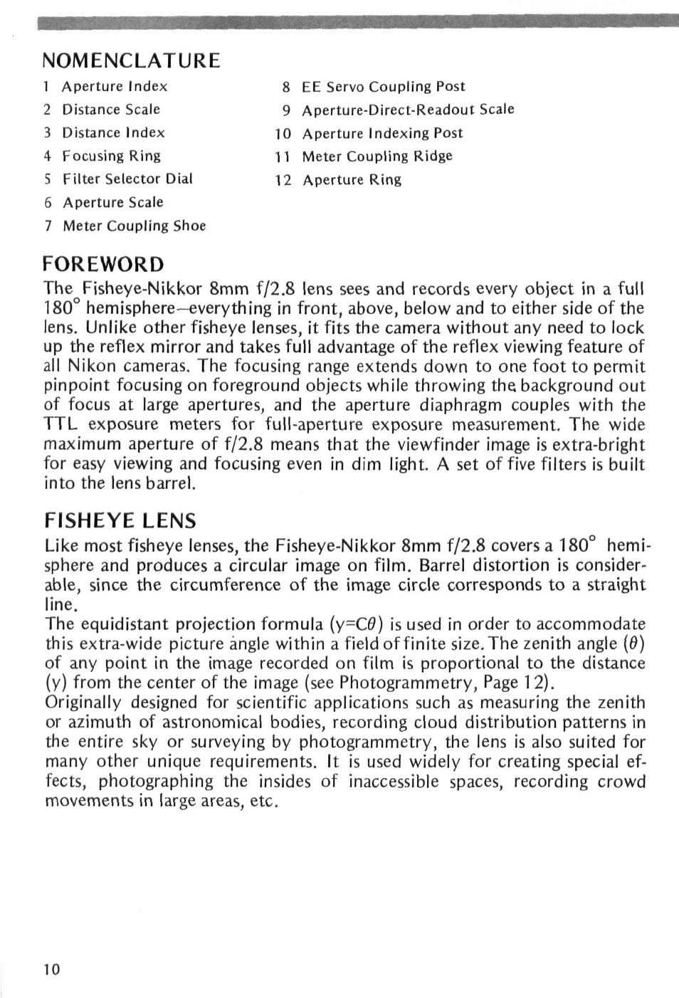 Nomenclature, Foreword, Fisheye lens | Nikon Fisheye-NIKKOR 8mm f-2.8 User Manual | Page 10 / 36