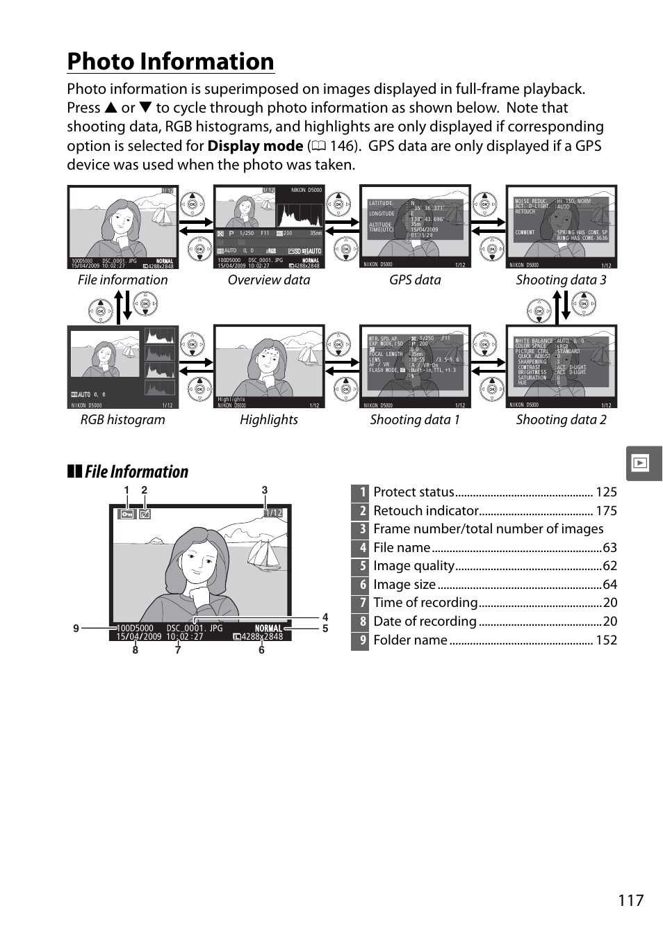 Photo information, File information | Nikon D5000 User Manual | Page 135 / 256