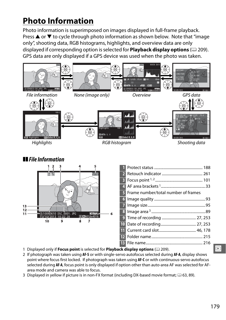 Photo information, File information, Protect status | Retouch indicator, Focus point, Af area brackets, Frame number/total number of frames, Image quality, Image size, Image area | Nikon D610 User Manual | Page 205 / 368
