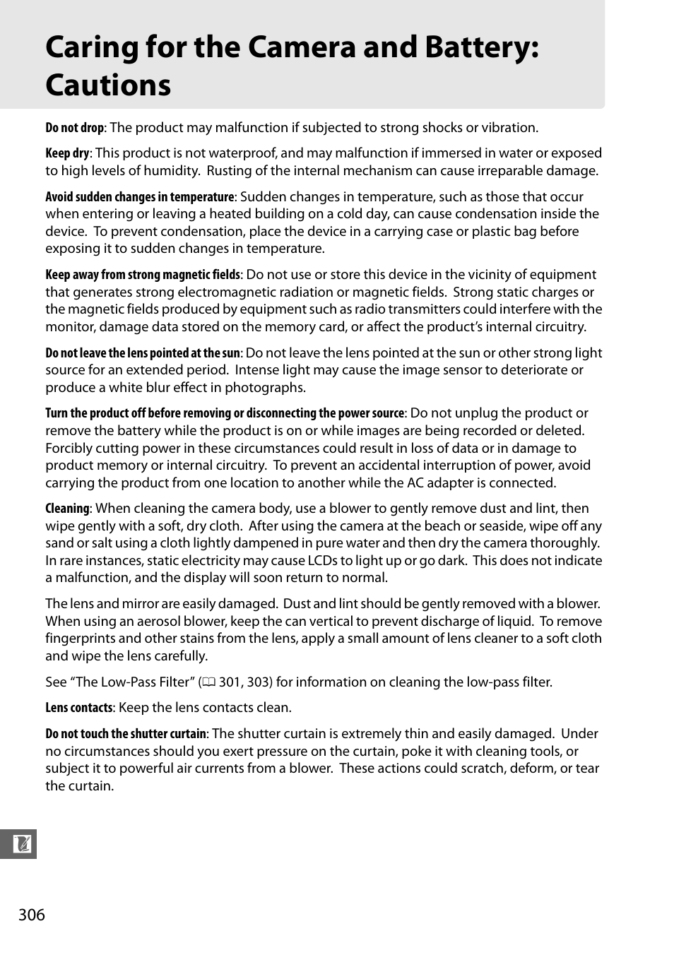 Caring for the camera and battery: cautions | Nikon D610 User Manual | Page 332 / 368