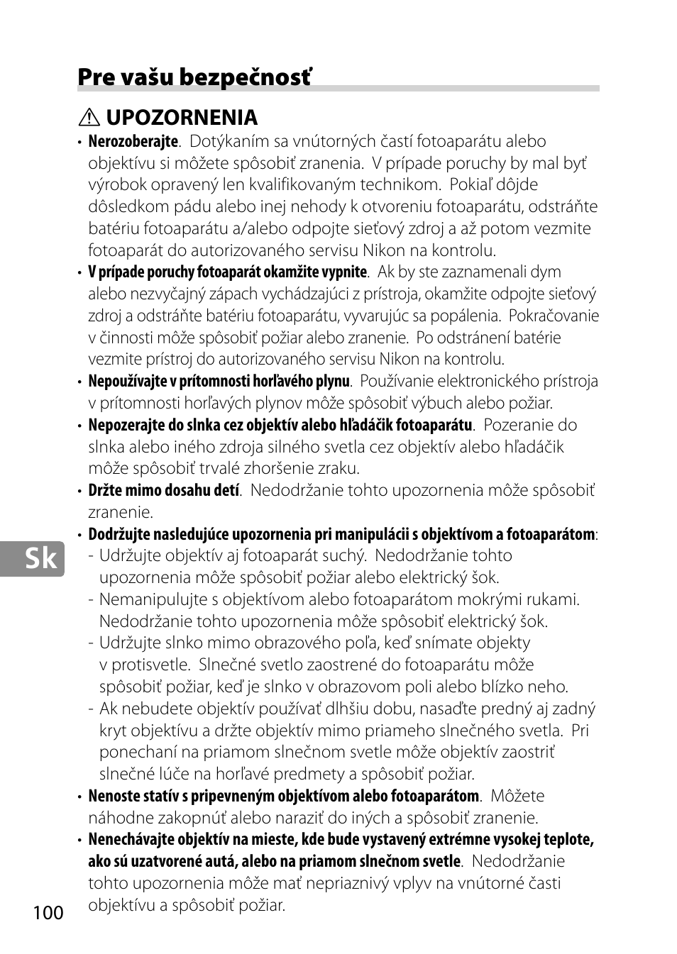 Pre vašu bezpečnosť, Upozornenia | Nikon AF-S 28mm f-1.8G User Manual | Page 100 / 176