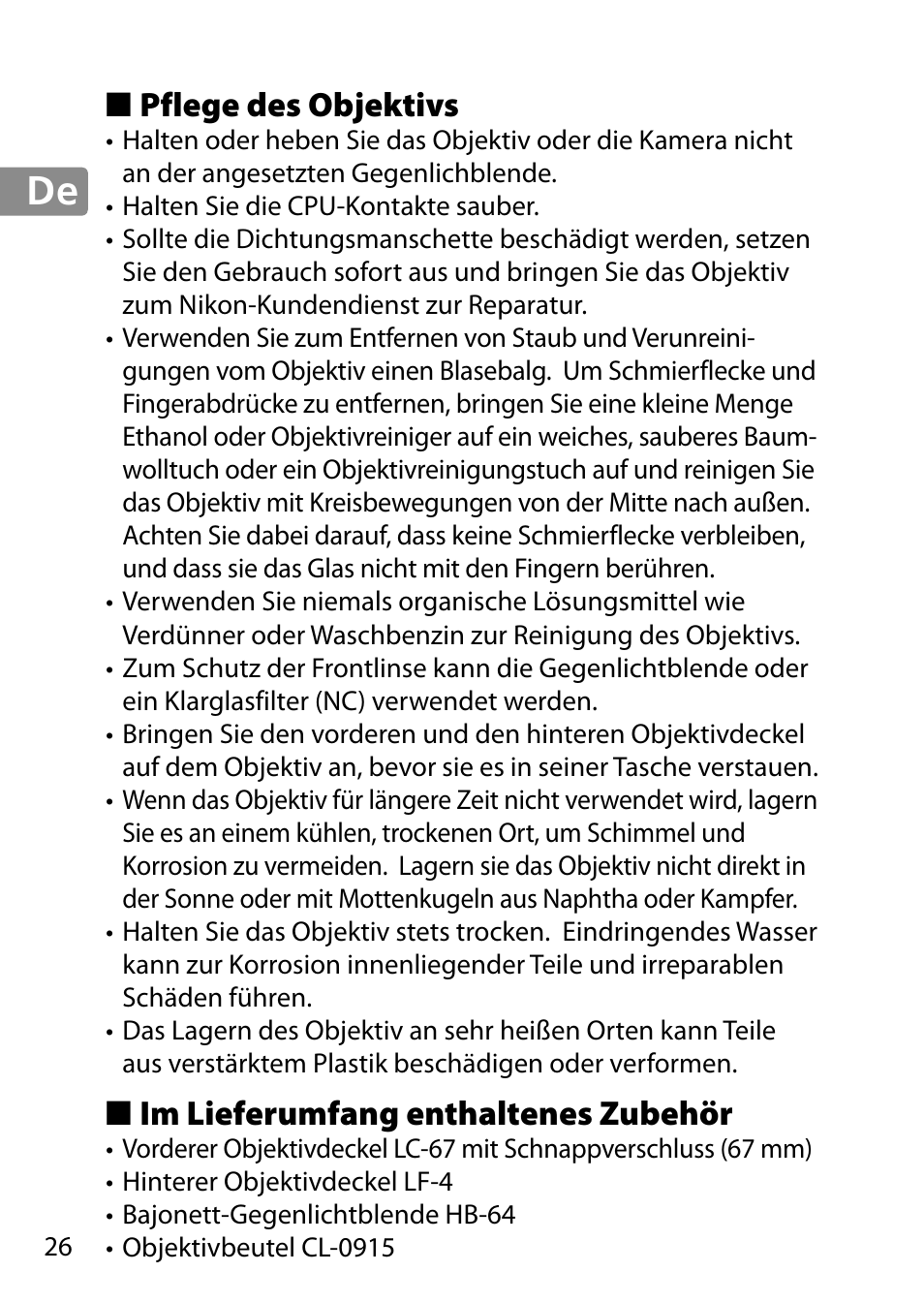 Pflege des objektivs, Im lieferumfang enthaltenes zubehör | Nikon AF-S 28mm f-1.8G User Manual | Page 26 / 176